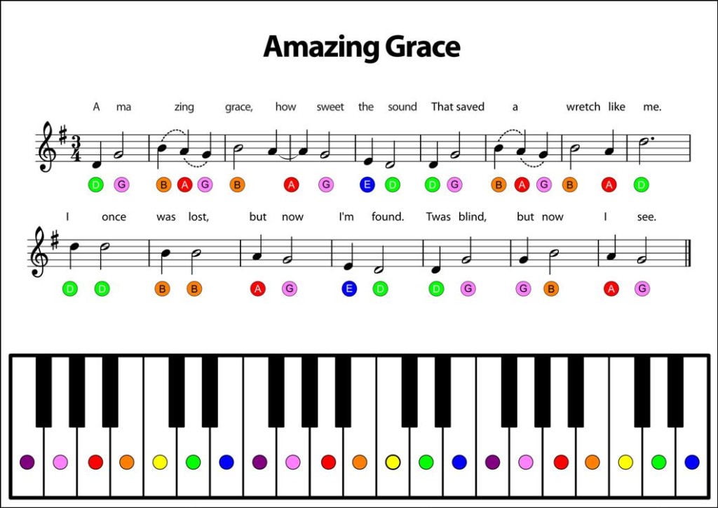 Rainbow Music - Play Simple Songs - Amazing Grace - Color Coded